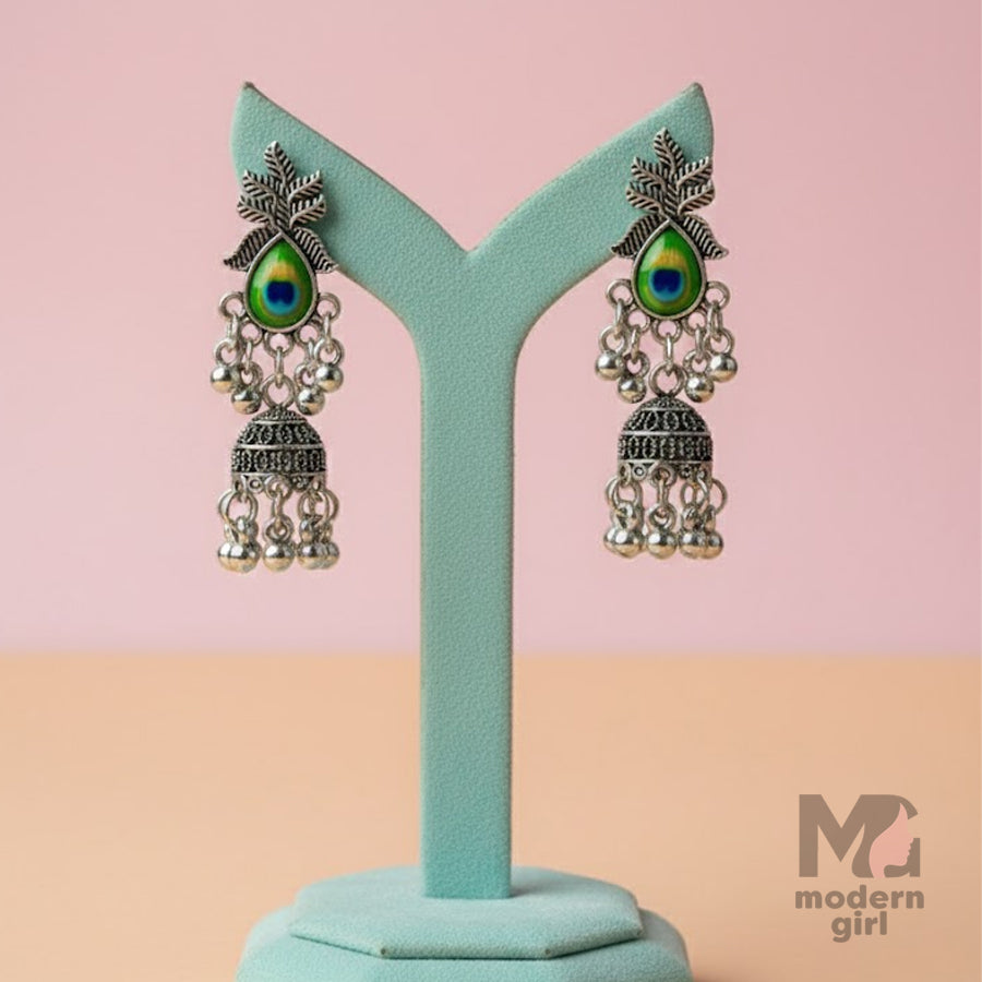 Oxidised Peacock Feather Stone Jhumka Earrings