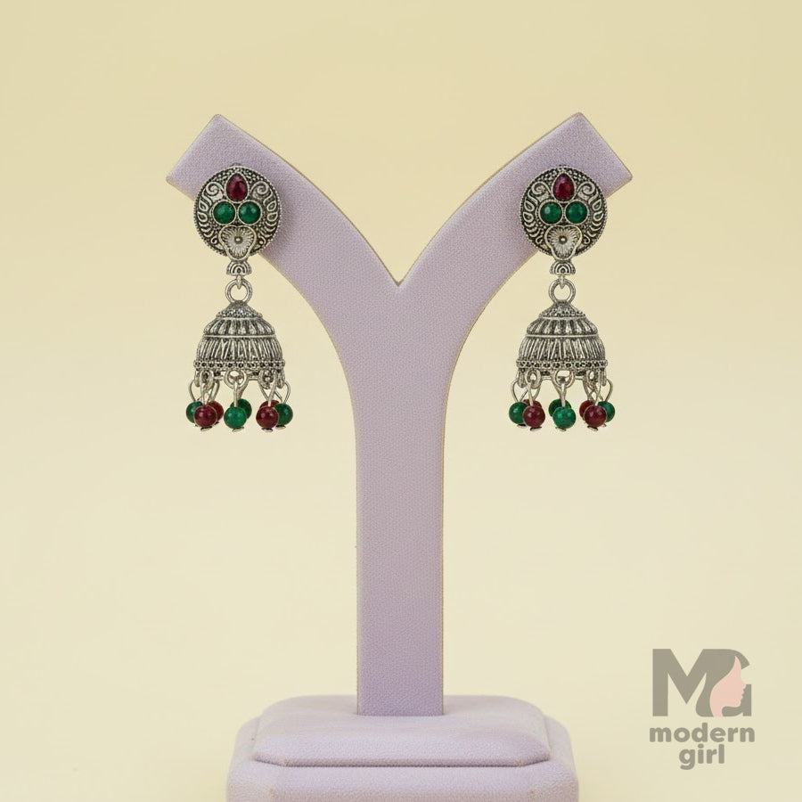 Antique Silver Jhumka Earrings with Multi-Stone Beads