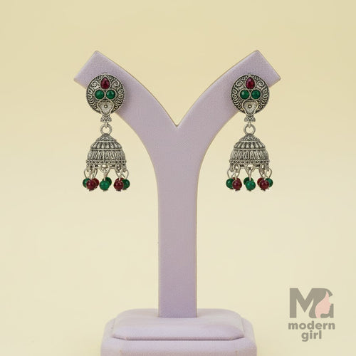 Antique Silver Jhumka Earrings with Multi-Stone Beads