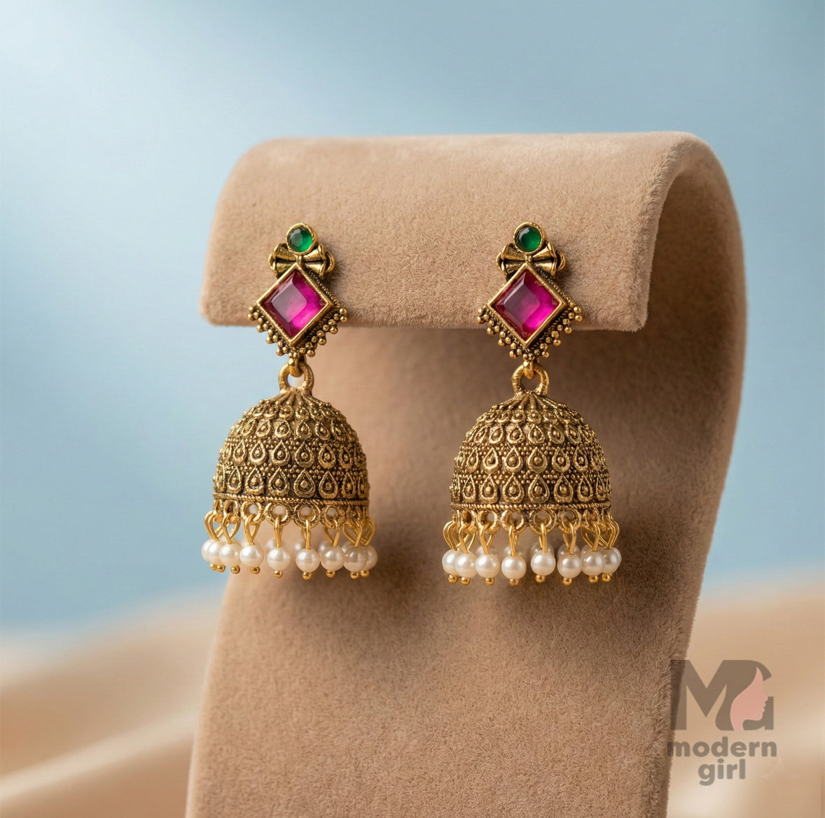 Antique Gold Jhumka Earrings with Ruby Stone & Pearl Drops