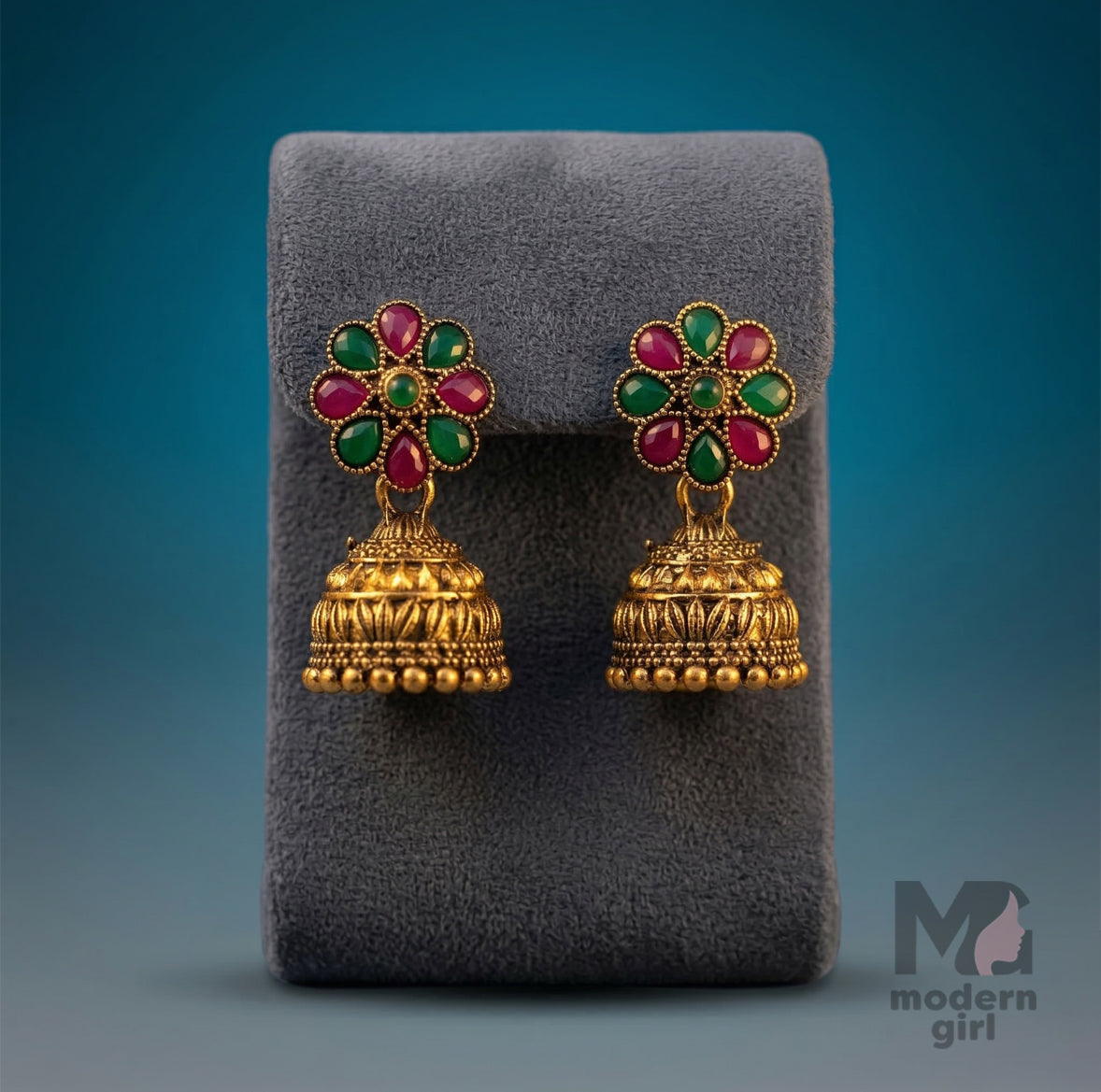 Antique Gold Floral Stone Jhumka Earrings | Red & Green Temple Jewelry for Women