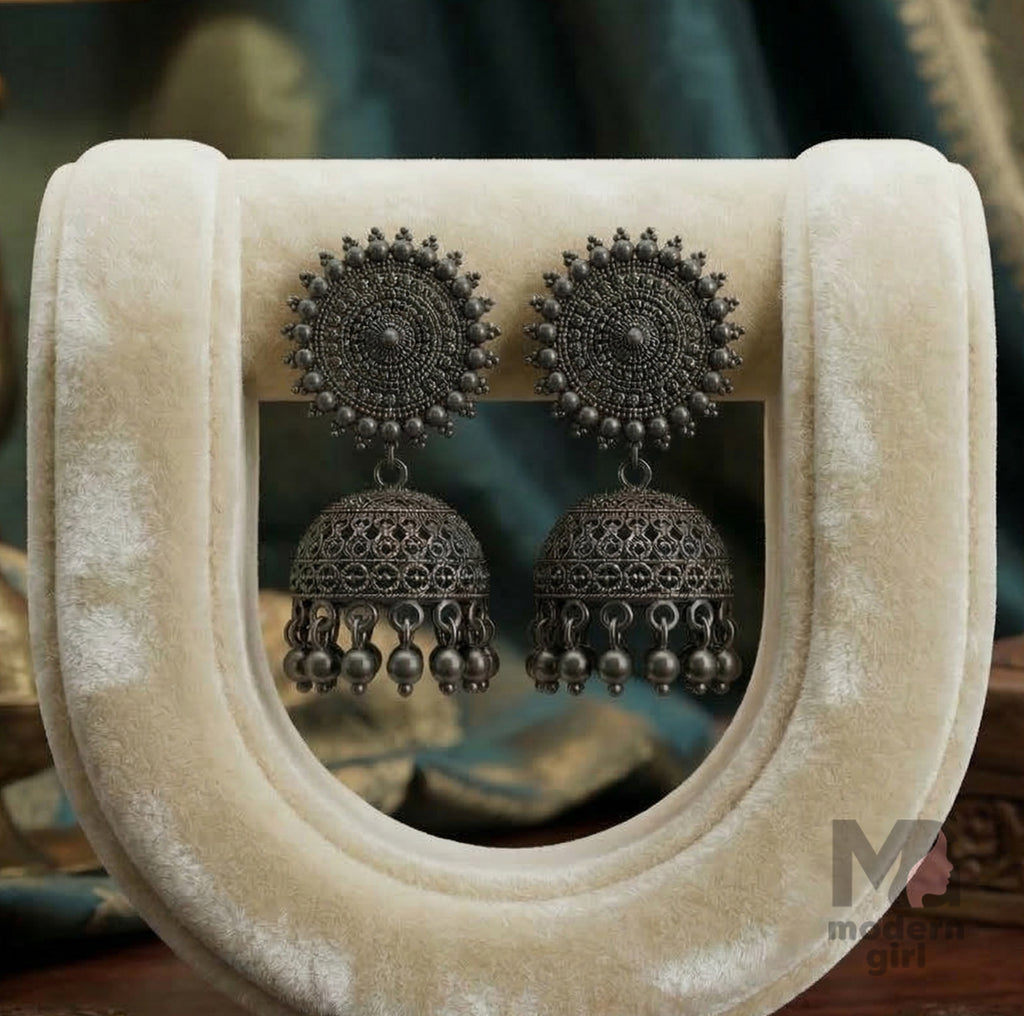 Matte Black Oxidised Jhumka Earrings for Women