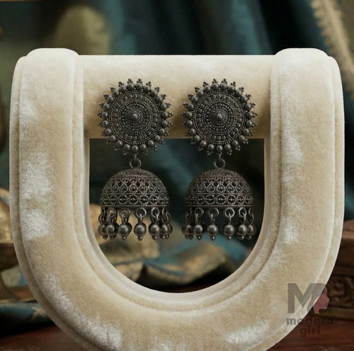 Matte Black Oxidised Jhumka Earrings for Women