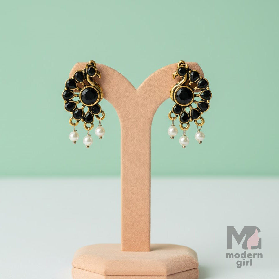 Peacock Stud Earrings with Silver Beads