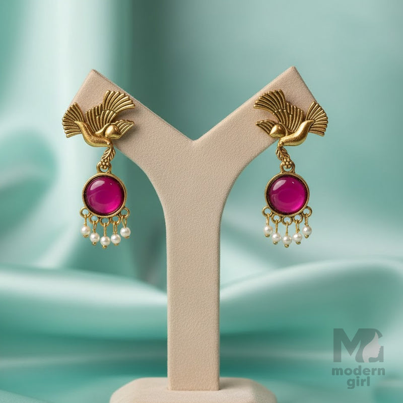 Flying Bird Pink Stone Drop Earrings with Pearl Danglers