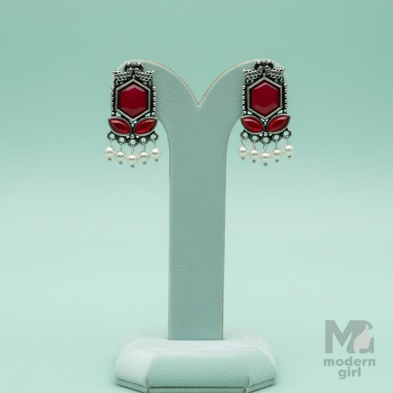 Stone & Pearl Dangler Silver Earrings