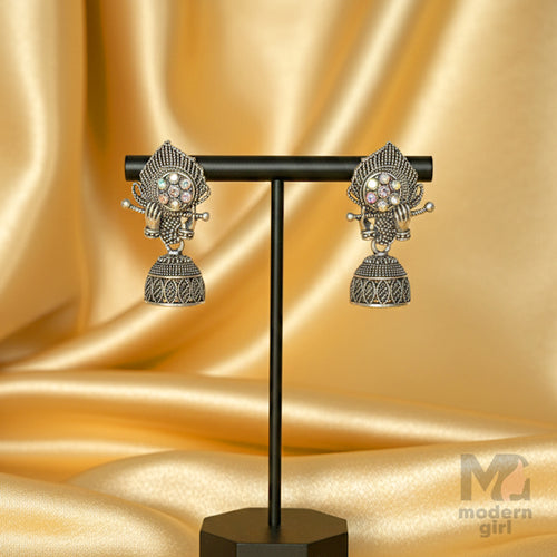 Oxidised Silver Krishna Flute Design Jhumka Earring