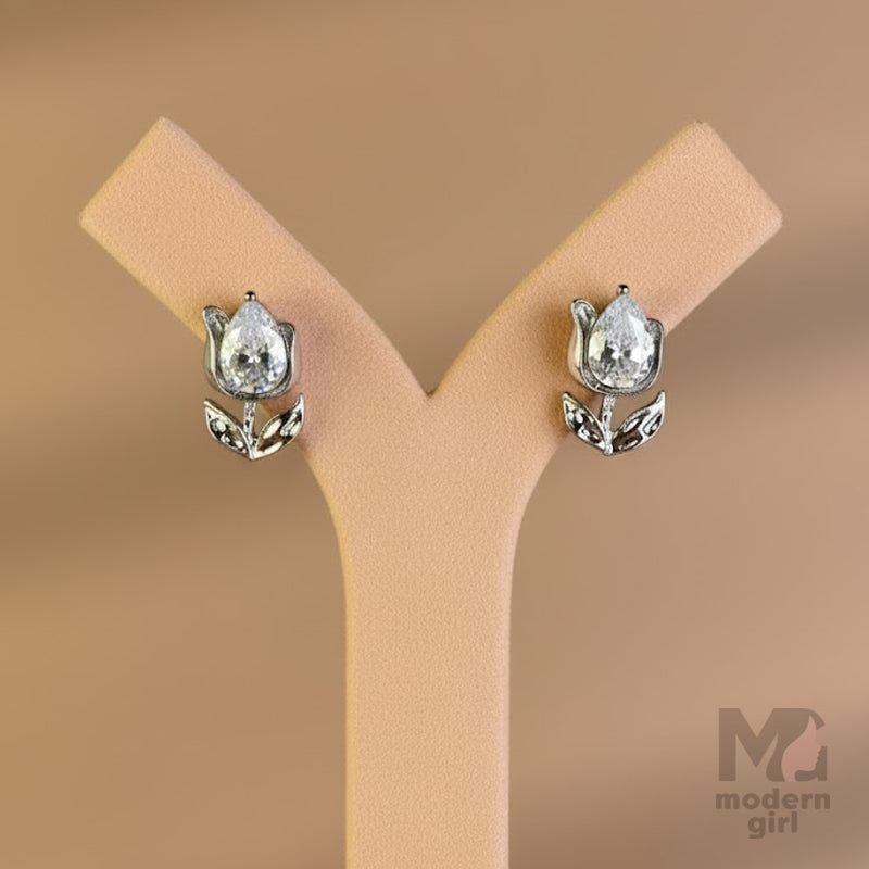 Crystal Flower Stud Earrings – Silver Finish