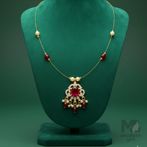 Invisible Chain Ruby & Pearl Necklace – Gold-Plated Traditional Jewelry for Women