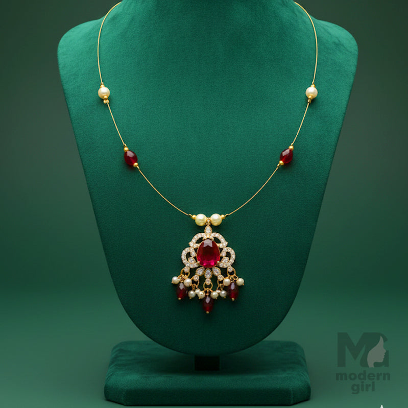 Invisible Chain Necklace with Ruby Pendant & Pearls