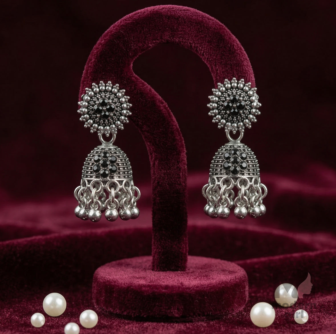 Black Stone Oxidized Silver Jhumka Earrings for Women