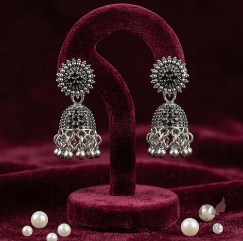 Black Stone Oxidized Silver Jhumka Earrings for Women