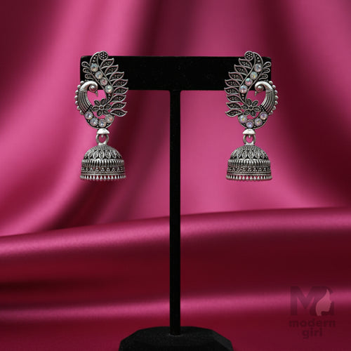 Peacock Stone Oxidised Jhumka Earrings