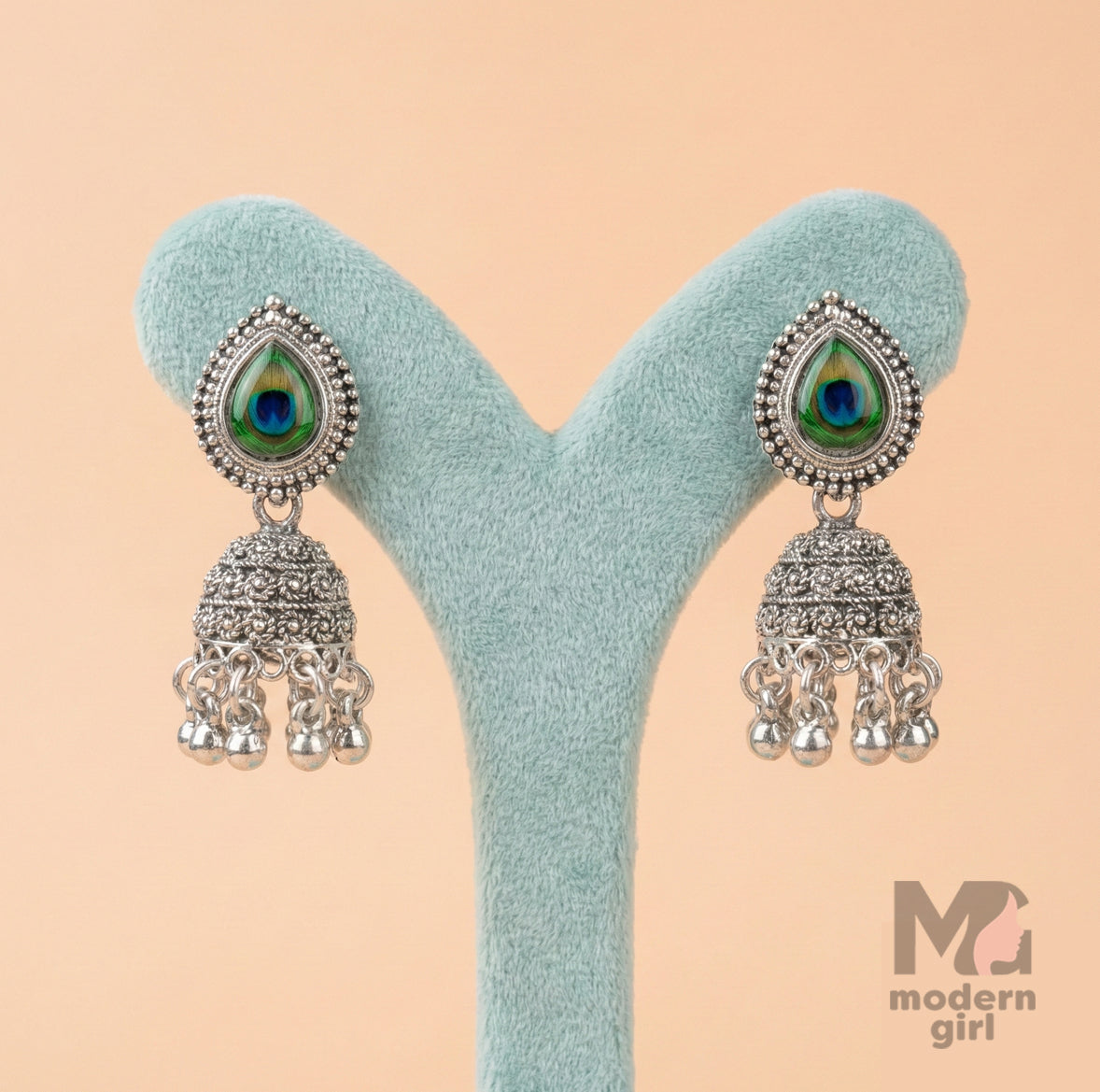 Peacock Feather Designed Silver Jhumka