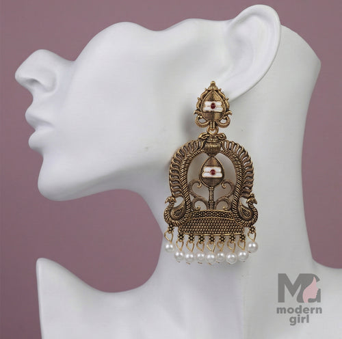 Traditional Vel Design Jhumka Earrings with Pearl Drops