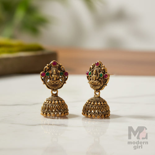 Antique Gold Temple Jhumka Earrings with Lakshmi Design – Traditional South Indian Jewelry