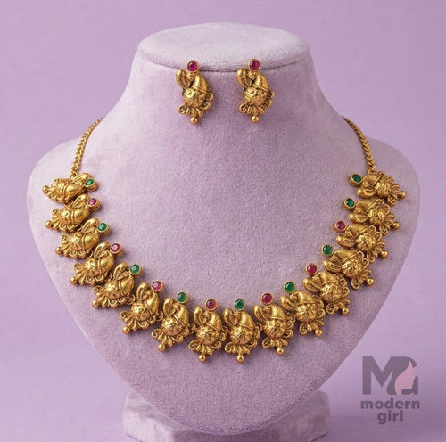 Premium Temple Jewellery Necklace Set for Women – Antique Gold Finish with Earrings (2 Piece Set)