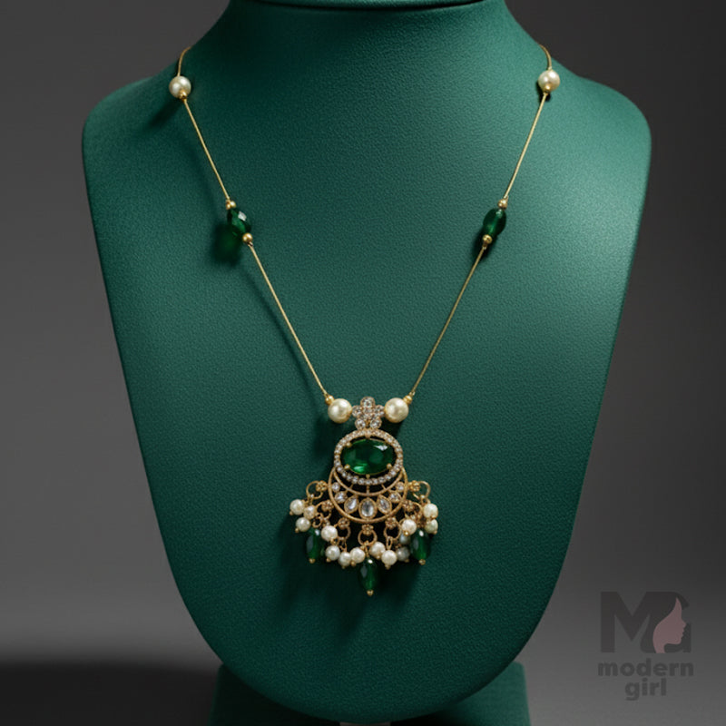 Invisible Chain Necklace with Green Oval Pendant & Pearls