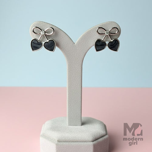 Black Heart Bow Silver-Tone Stud Earrings – Cute Minimal Daily Wear
