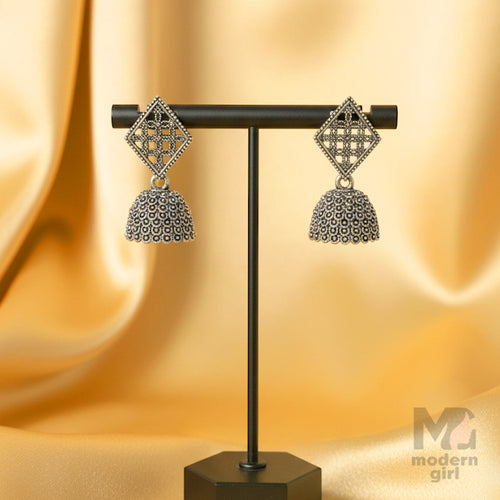 Oxidised Silver Geometric Diamond Stud Jhumka Earrings