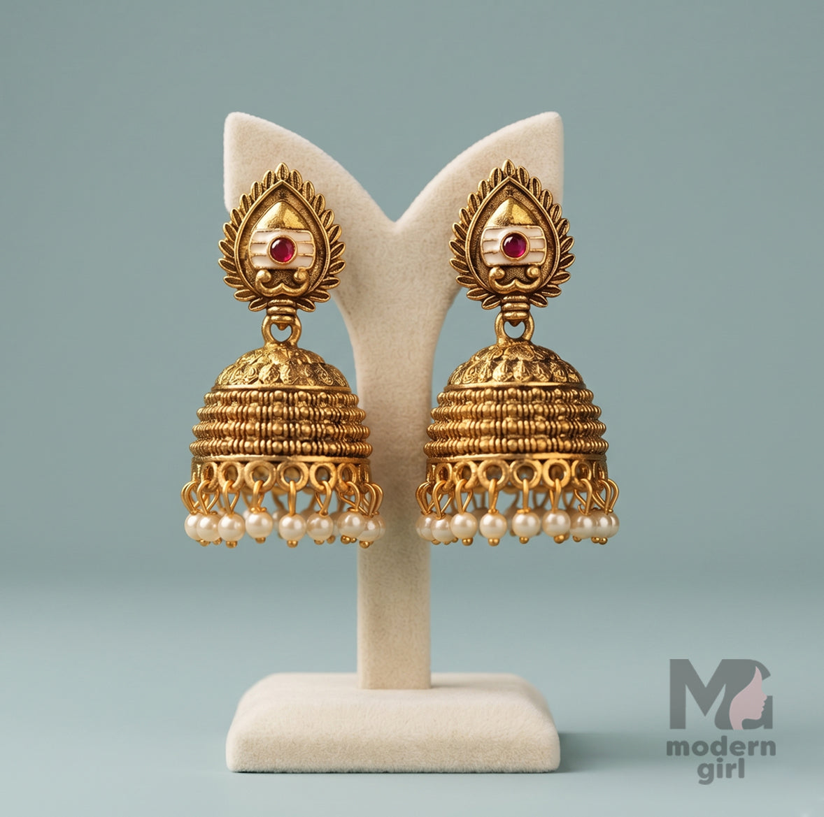 Muruga Pearl Jhumka Earrings – Antique Gold Traditional Ethnic Design