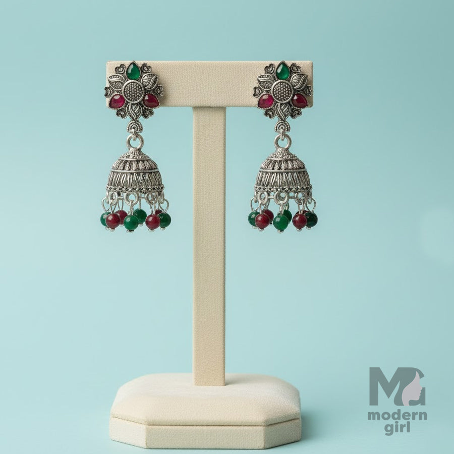 Oxidized Silver Floral Jhumka Earrings with Ruby & Emerald Beads