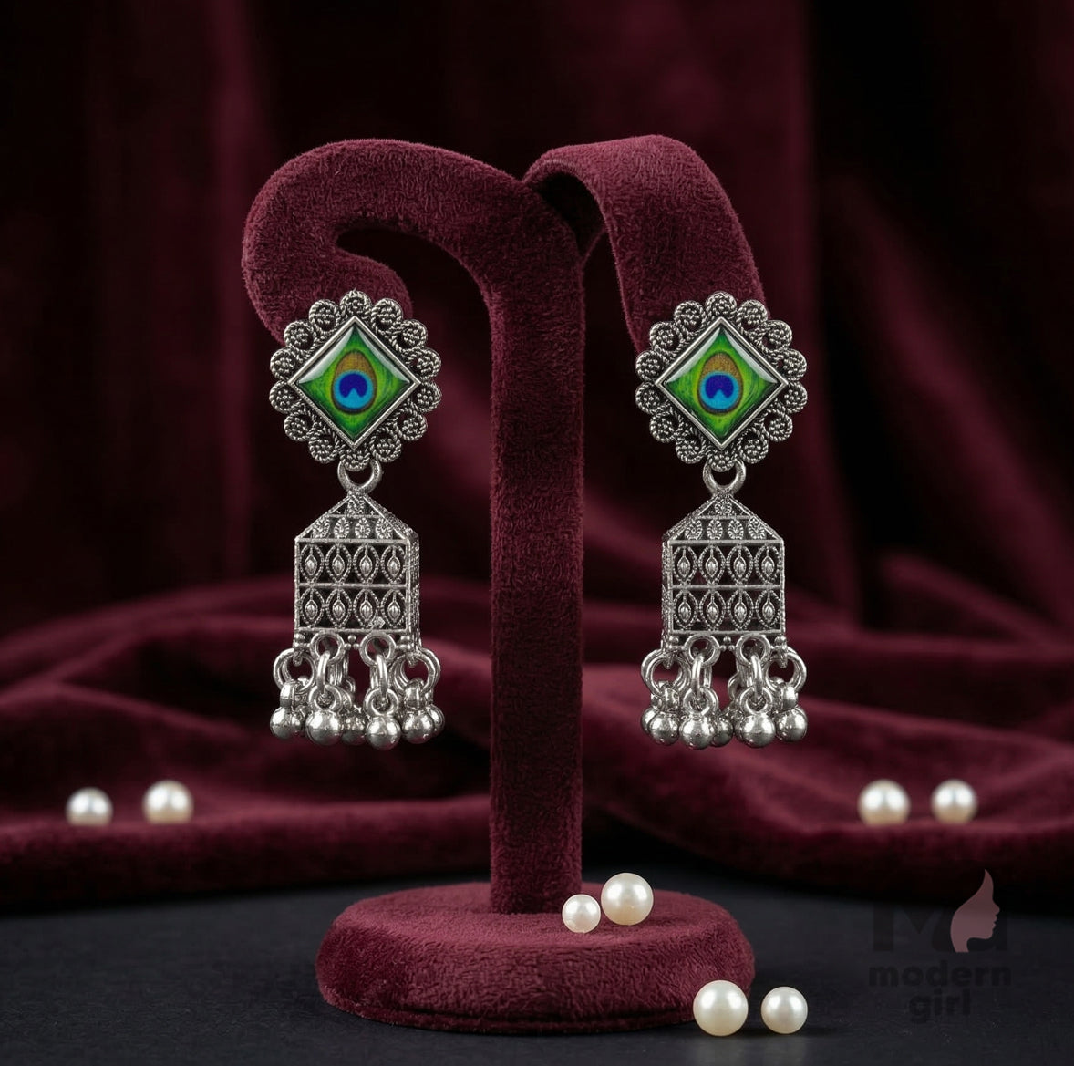 Peacock Stone Oxidized Silver Cube Jhumka Earrings
