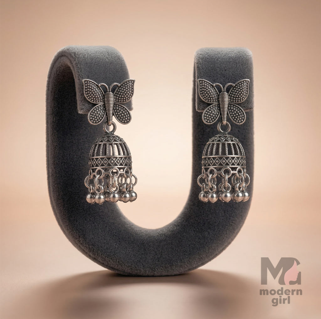Butterfly Oxidised Silver Jhumka Earrings | Trendy Boho Ethnic Jewelry for Women