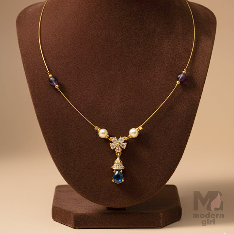 Invisible Chain Sapphire Blue & Pearl Pendant Necklace – Gold-Plated Traditional Jewelry