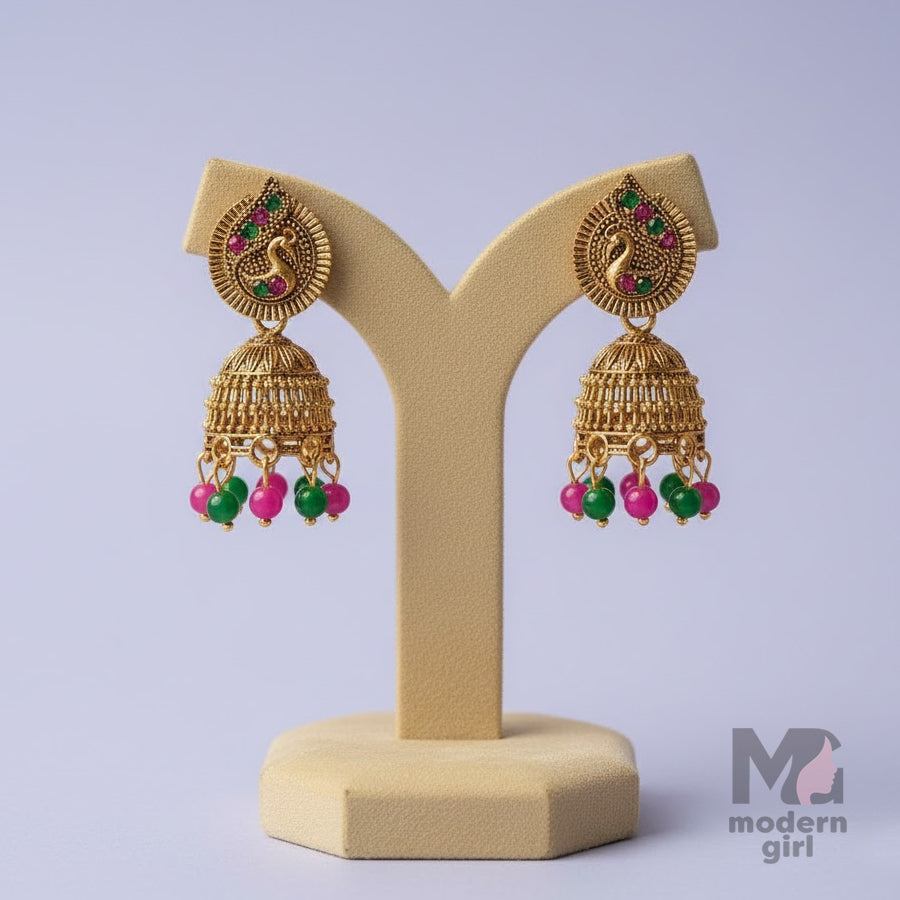 Peacock Motif Antique Gold Jhumka Earrings
