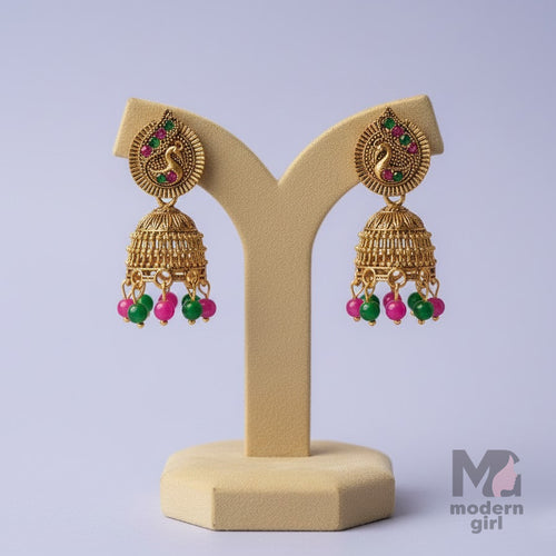 Peacock Motif Antique Gold Jhumka Earrings