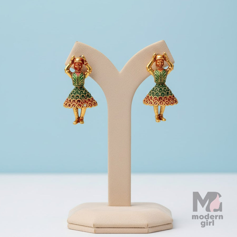 Traditional Dancer Jhumka – Antique Gold Finish Doll Design with Red & Green Enamel
