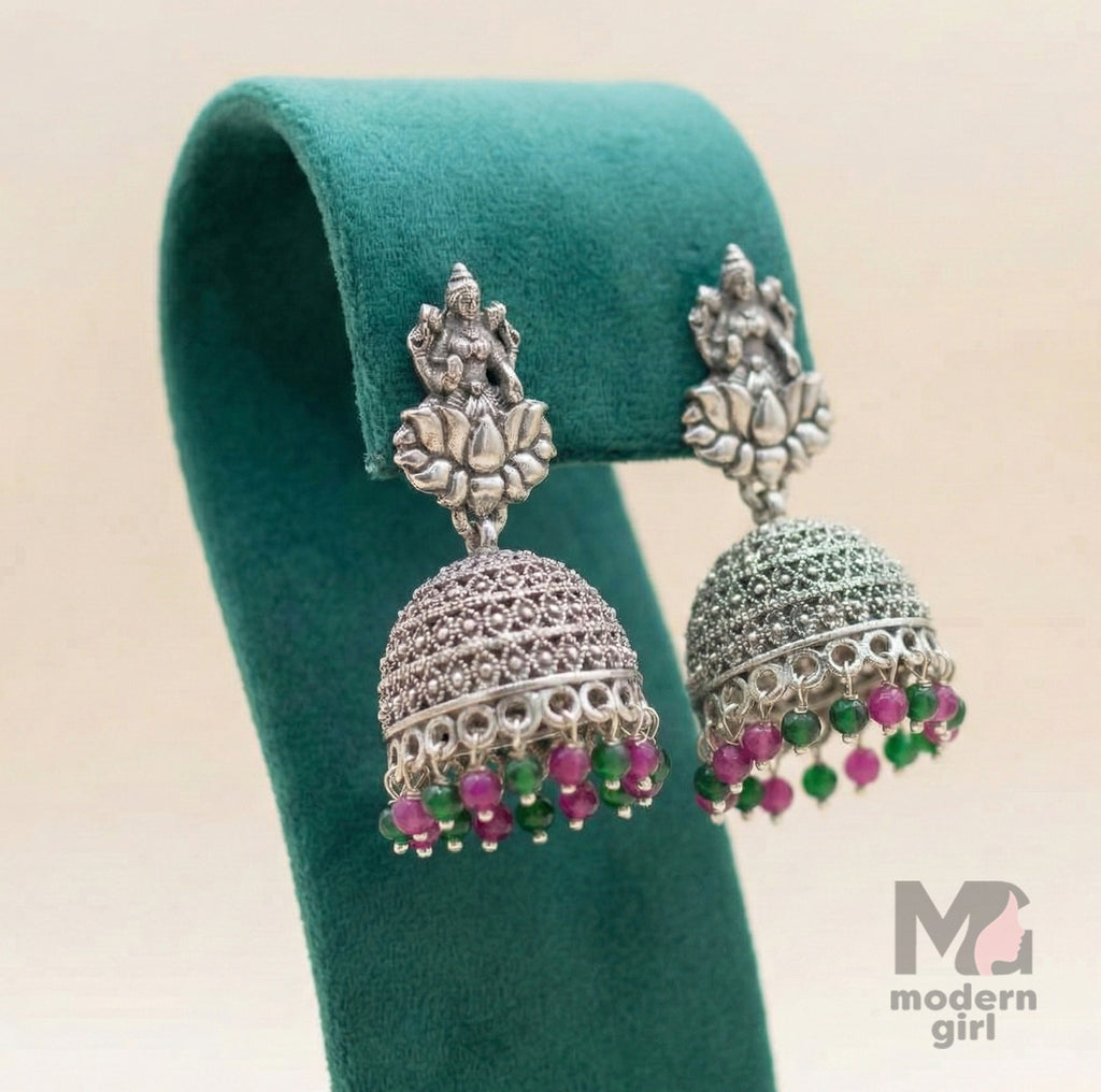 Oxidised Silver Lakshmi Jhumka Earrings with Pink & Green Beads