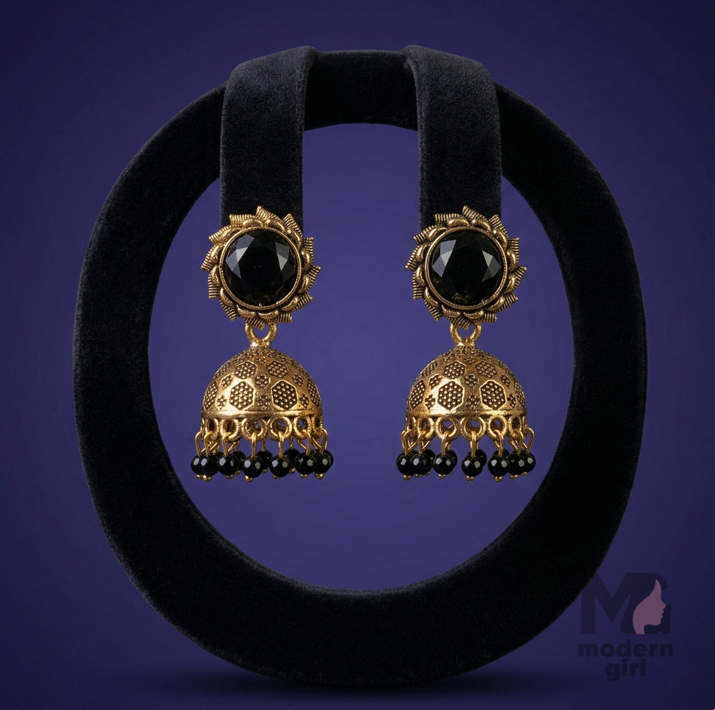 Floral Stone Jhumka Earrings with Beaded Drops | Antique Ethnic Jewelry for Women