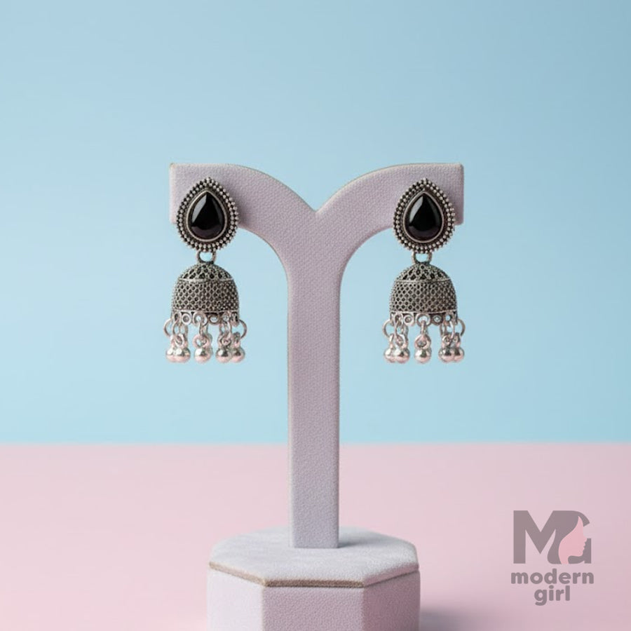 Oxidised Black Stone Teardrop Jhumka Earrings