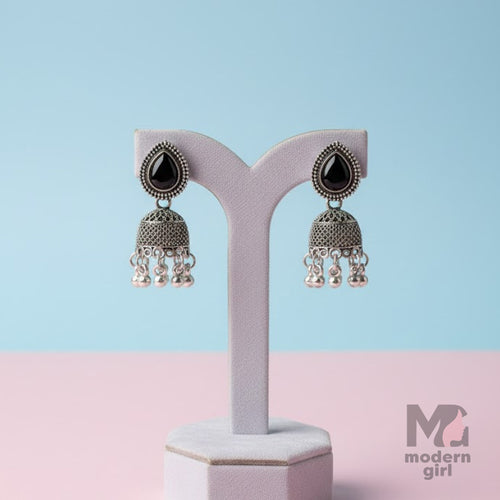 Oxidised Black Stone Teardrop Jhumka Earrings