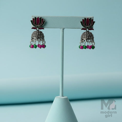 Lotus Motif Oxidized Silver with Pink & Green Enamel