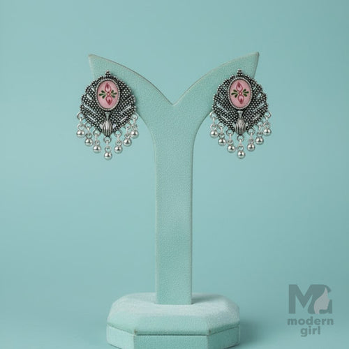German Silver Earrings with Pink Floral Design & Beaded Drops