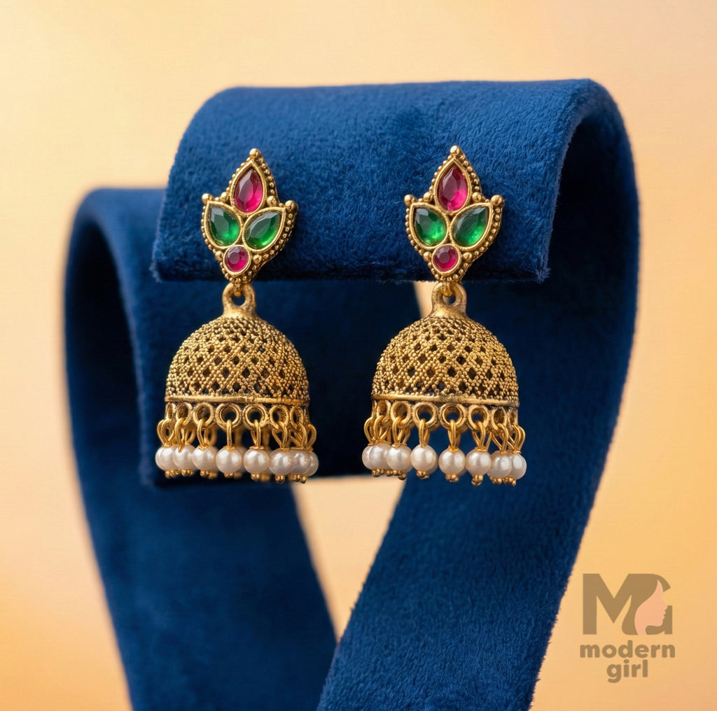 Heritage Temple Jhumka Earrings with Pearl Drops