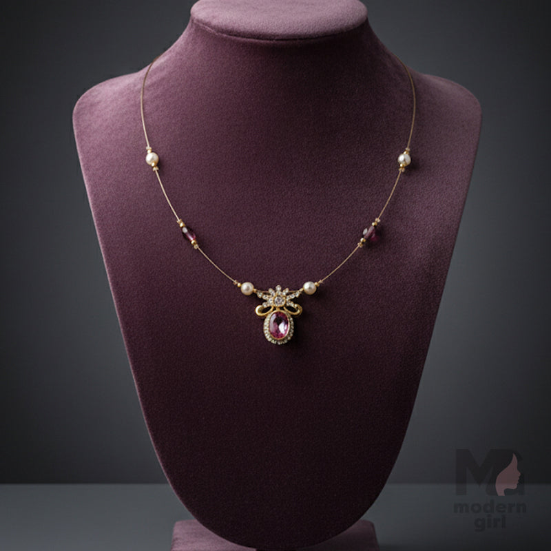 Invisible Chain Necklace with Pink Stone