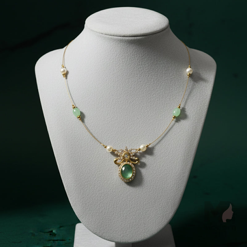Invisible Chain Necklace with Oval Green Stone & Pearls