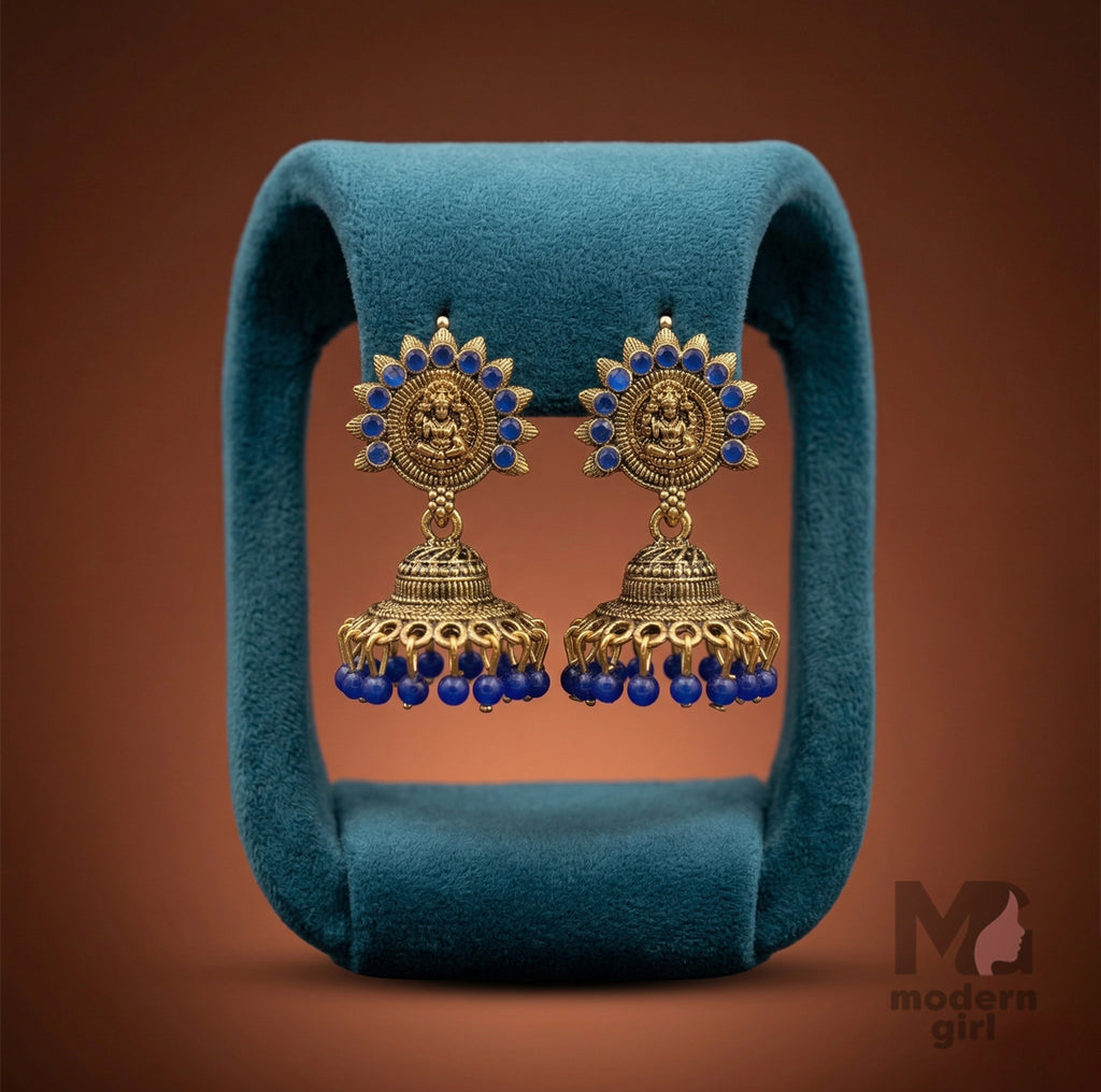 Lakshmi Temple Jhumka Earrings with Stone Detailing & Bead Drops