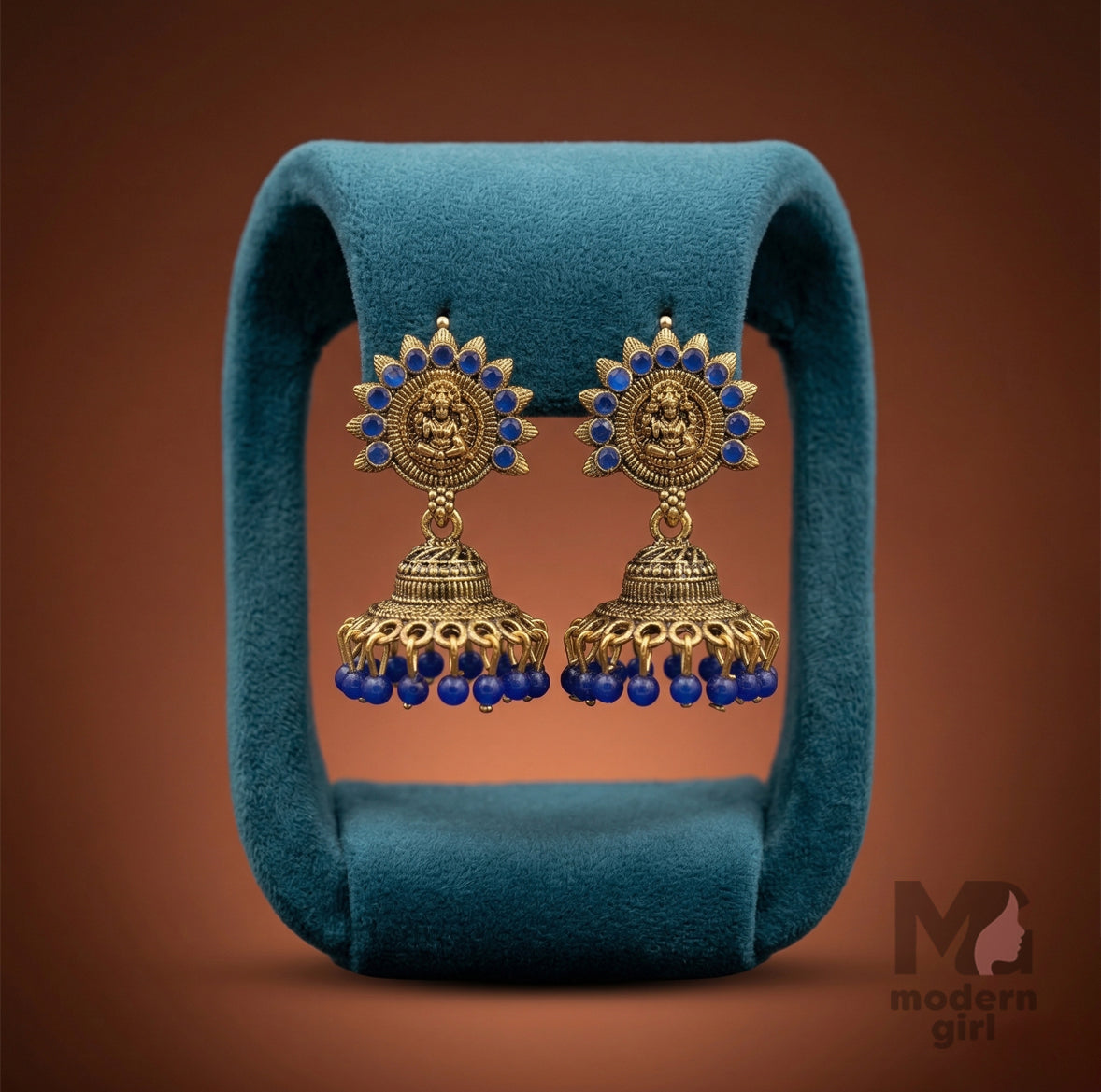 Lakshmi Temple Jhumka Earrings with Stone Detailing & Bead Drops