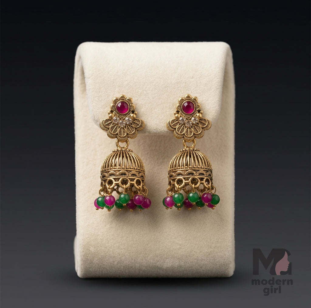 Traditional Gold Jhumka Earrings with Ruby & Green Beads