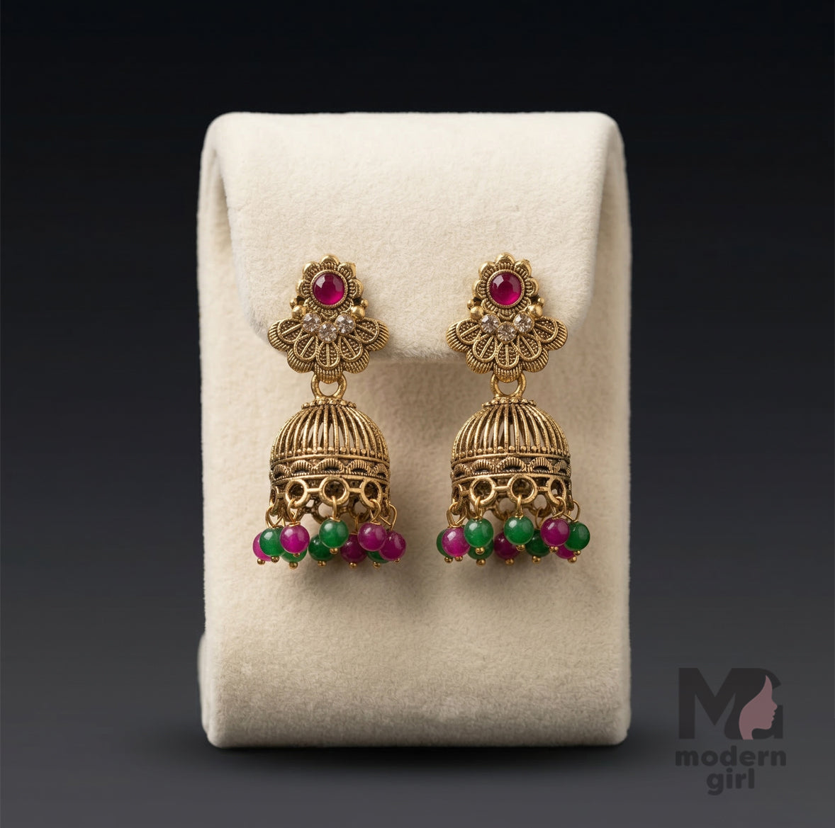 Traditional Gold Jhumka Earrings with Ruby & Green Beads