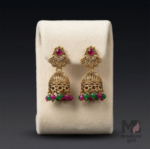 Traditional Gold Jhumka Earrings with Ruby & Green Beads