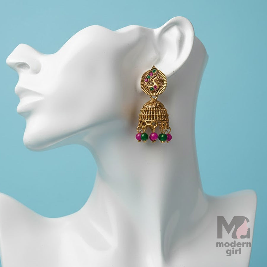 Peacock Motif Antique Gold Jhumka Earrings