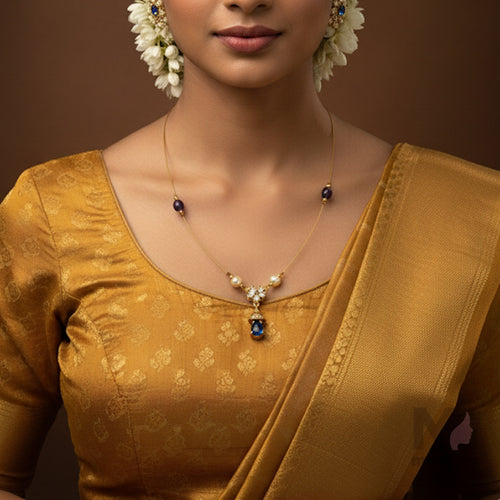 Invisible Chain Sapphire Blue & Pearl Pendant Necklace – Gold-Plated Traditional Jewelry