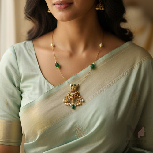 Invisible Chain Temple Necklace with Green Beads & Pearls