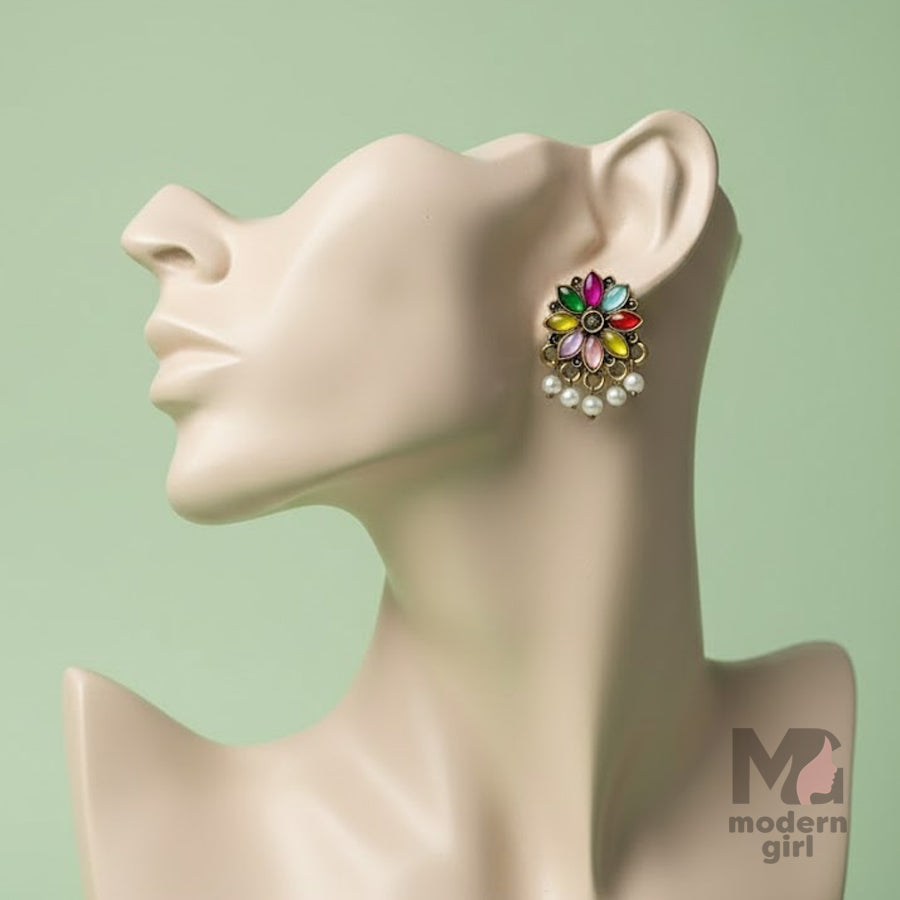 Multicolor Floral Pearl Stud Earrings – German Silver (Antique Finish)